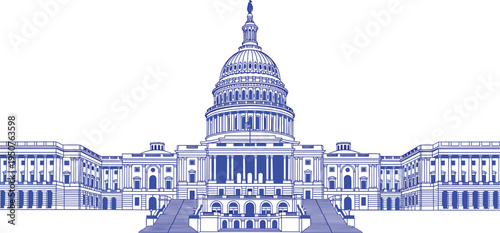 Detailed blue vector illustration of the United States Capitol building featuring the iconic neoclassical dome and facade,
