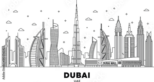 Dubai United Arab Emirates city skyline line art illustration featuring Burj Khalifa Burj Al Arab and famous landmarks.