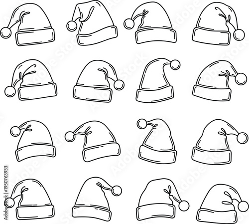 Hand drawn Santa hat sketch collection holiday illustration Christmas festive doodle pattern fluffy pom pom brim decoration flat vector