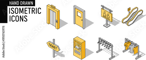 Hand drawn isometric public facility icon set featuring elevator door escalator ticket machine and clothing rack hangers, 16 words.