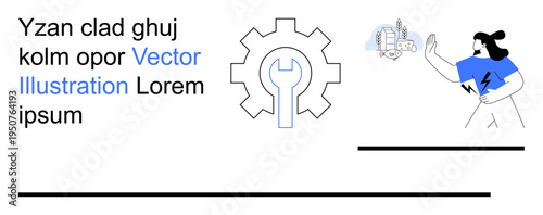 Automation, innovation, industrial tools, technology services, system optimization, digital transformation. Gear and wrench icon with abstract woman and tech elements. Automation and innovation