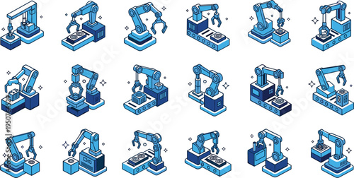 Isometric robotic arm icon set featuring automated manufacturing assembly lines industrial laboratory robots and smart factory mechanical tools,