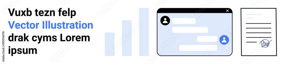 Fototapeta premium Business communication, document management, data analytics, teamwork tools, automation, virtual workspace. Chat interface with speech bubbles, bar graph document icon. Business communication