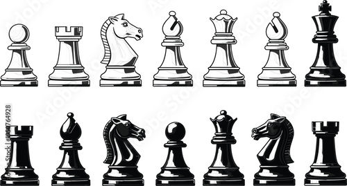 Professional chess piece vector set featuring king queen rook bishop knight and pawn in black and white styles, 17 words.