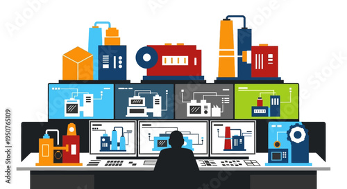A control room operator monitors multiple screens displaying industrial processes and machinery in a modern factory setting.