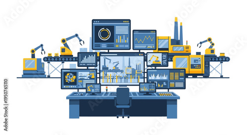 A sophisticated industrial control room displaying real-time data and robotic automation on multiple screens.