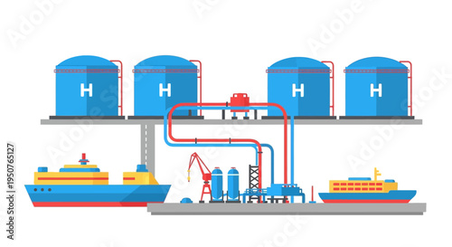 Illustration of a large-scale industrial facility for storing and transporting hydrogen, featuring storage tanks, pipelines, and ships.