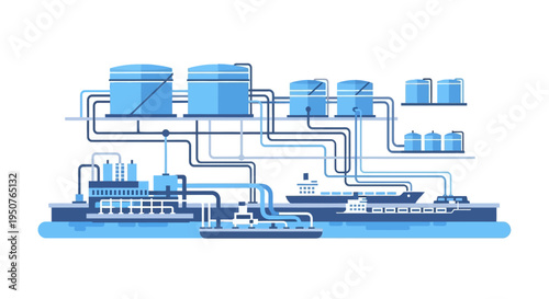 Industrial complex with large storage tanks, pipelines, and ships for oil and gas transportation and processing.