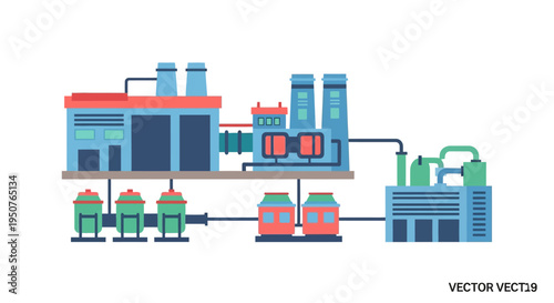 Illustration of a modern industrial factory complex with multiple buildings, tanks, and interconnected pipelines, representing manufacturing and production processes.