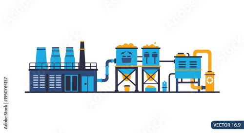 Illustration of a modern industrial factory complex with multiple processing units and storage tanks, showcasing a clean and efficient production environment.