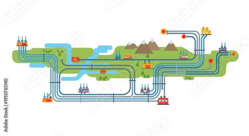 An intricate illustration depicting a complex transportation network connecting various industrial sites, residential areas, and natural landscapes.