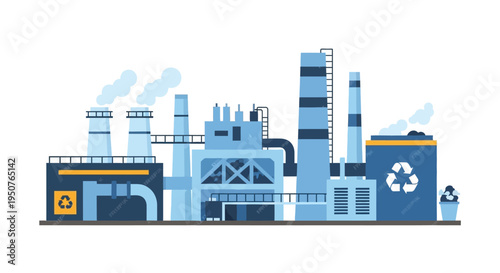 Illustration of a modern industrial factory complex with recycling symbols, representing sustainable manufacturing and environmental responsibility.