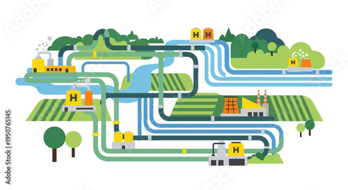 An intricate illustration depicting a complex network of pipes and water systems connecting various industrial and agricultural elements within a vibrant landscape.