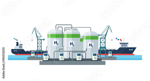 Illustration of a hydrogen fuel terminal with ships and cranes, symbolizing clean energy infrastructure and maritime transport.