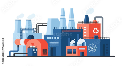 A vibrant flat illustration of a modern industrial factory complex with multiple buildings, smokestacks, and pipes, symbolizing manufacturing and production.