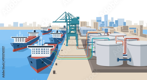 Illustration of a busy industrial port with cargo ships docked and connected to storage tanks via pipelines, showcasing logistics and trade operations.