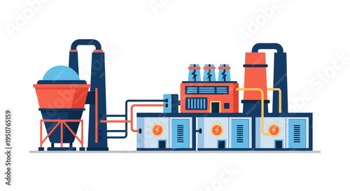 Modern industrial factory complex with silos, processing units, and smokestacks, illustrating manufacturing and production processes.