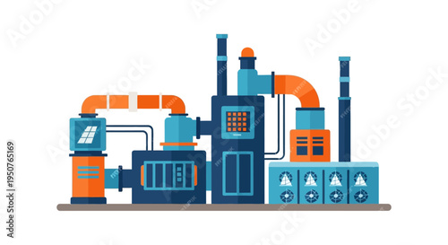A colorful, stylized illustration of a modern industrial factory with pipes, chimneys, and machinery.