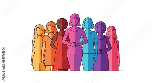 Women's Day A diverse group of women in colorful outfits standing together in a line with a joyful and celebratory mood