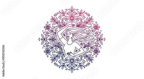 A smiling woman with long hair surrounded by colorful flowers and leaves in a circular illustration with pink, purple, and blue hues, celebrating Women's Day with a joyful and festive mood