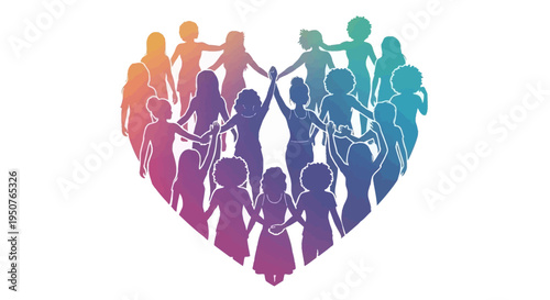 women's day A colorful heart-shaped illustration of diverse people holding hands in a celebratory mood with pink, purple, and blue silhouettes on a white background