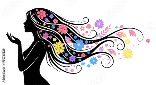 women's day A black silhouette of a woman with long flowing hair adorned with colorful flowers, celebrating Women's Day in a joyful and vibrant illustration with a mix of pink, purple, and yellow hues