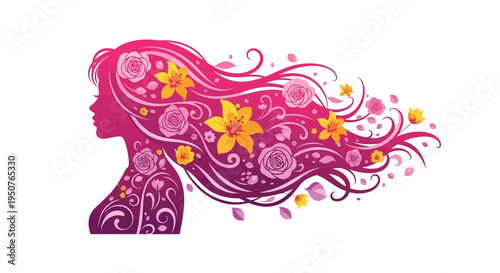 Vibrant illustration of a woman's silhouette with flowing hair adorned with colorful flowers and swirling patterns, symbolizing Women's Day celebration
