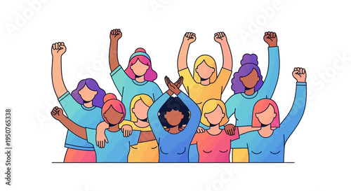 A diverse group of people celebrating Women's Day with raised fists in a colorful illustration with a joyful and energetic mood against a clean white background