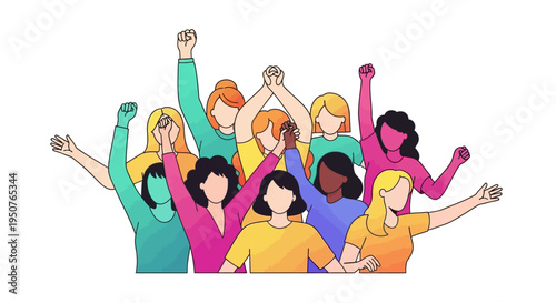 women's day A diverse group of women celebrating with raised arms in a colorful illustration conveying a joyful and energetic mood on International Women's Day