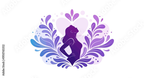 A purple silhouette of a woman surrounded by colorful floral designs in shades of pink, purple, and blue on a white background, celebrating Women's Day with a joyful and elegant mood