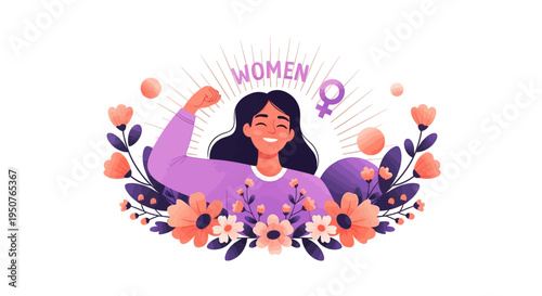 women's day A confident woman with long dark hair flexes her arm in a purple shirt, surrounded by vibrant pink and orange flowers and leaves, celebrating Women's Day with a strong and joyful gesture