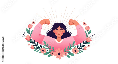 women's day A confident woman with dark hair and a pink shirt flexes her muscles, surrounded by colorful flowers and leaves on a white background, conveying a joyful and empowering mood
