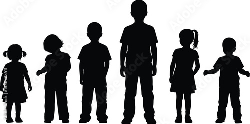Children silhouette collection, boys and girls standing together isolated on white background childhood concept vector illustration set