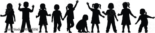 Children silhouettes collection, happy kids standing playing waving and holding hands isolated black vector illustration set