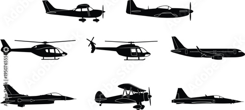 Collection, of, aircraft, silhouettes, including, airplane, jet, helicopter, biplane, and, transport, aviation, vehicles, isolated, on, white, background, vector, illustration, set