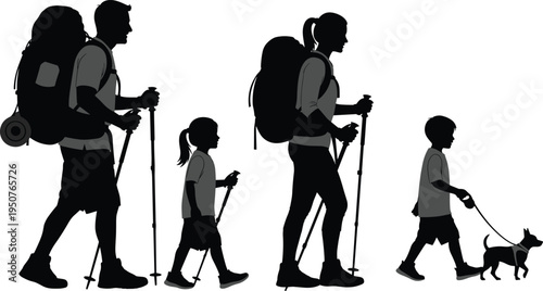 Family hiking silhouette walking together with backpacks and dog, outdoor adventure, trekking lifestyle, parents children, nature travel, minimal black vector illustration