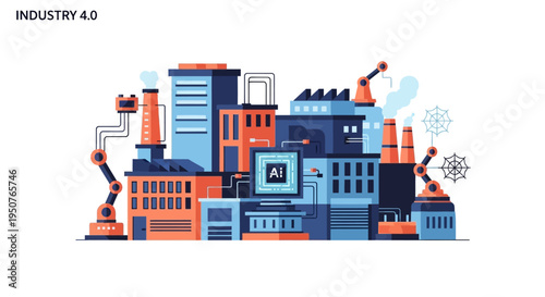 Industry 4.0 concept with AI integration, robotic arms, and modern factory buildings, symbolizing advanced manufacturing and automation.