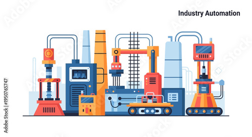 Illustration of an automated industrial factory with robotic arms, conveyor belts, and control panels.