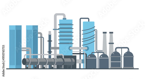Illustration of an industrial complex featuring distillation columns, storage tanks, and pipelines, representing a chemical or oil refinery plant.