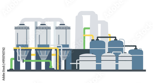 Illustration of a modern industrial plant with multiple storage tanks, pipes, and processing units, representing manufacturing and production.