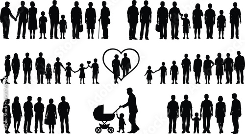 Family silhouette collection showing parents children and generations together, love relationship, parenting life cycle, people icons, black illustration