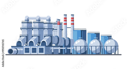 A detailed illustration of a large industrial complex featuring multiple buildings, smokestacks, storage tanks, and intricate piping systems.