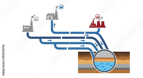 Diagram illustrating industrial water usage and its impact on groundwater resources, showing multiple factories drawing water and returning it to the environment.