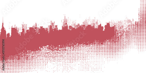 Abstract red grunge background featuring a watercolor city skyline silhouette with industrial urban architecture and vintage skyscraper design