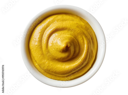 Photography Vibrant yellow mustard sauce in a small white ceramic bowl, perfectly isolated P