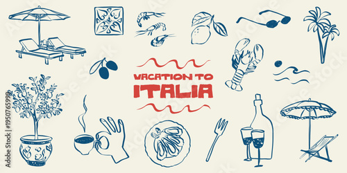 Beach doodle set featuring summer icons: sea waves, palm trees, lemons, wine and Italian coastal sketches perfect for vintage travel postcards and Mediterranean designs. Trendy vector illustration