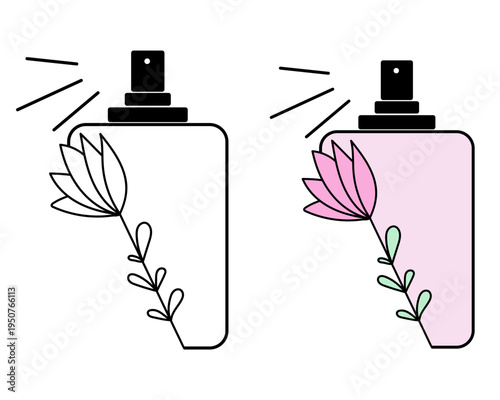 Vector illustration of perfume spray bottles decorated with a delicate flower branch, Minimalist cosmetic art