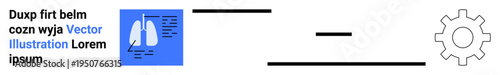 Healthcare, anatomy, disease prevention, medical education, research, design templates. Diagram of lungs in blue box, gear symbol blank text lines. Healthcare and anatomy concept