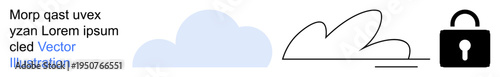 Cloud storage, data protection, online security, technology, cybersecurity, and cloud computing. A lock icon beside abstract clouds. Cloud computing and data protection theme