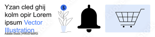 E-commerce, financial management, digital marketing, notifications, online shopping, investment growth. A plant with a dollar sign, notification bell and shopping cart. E-commerce and financial